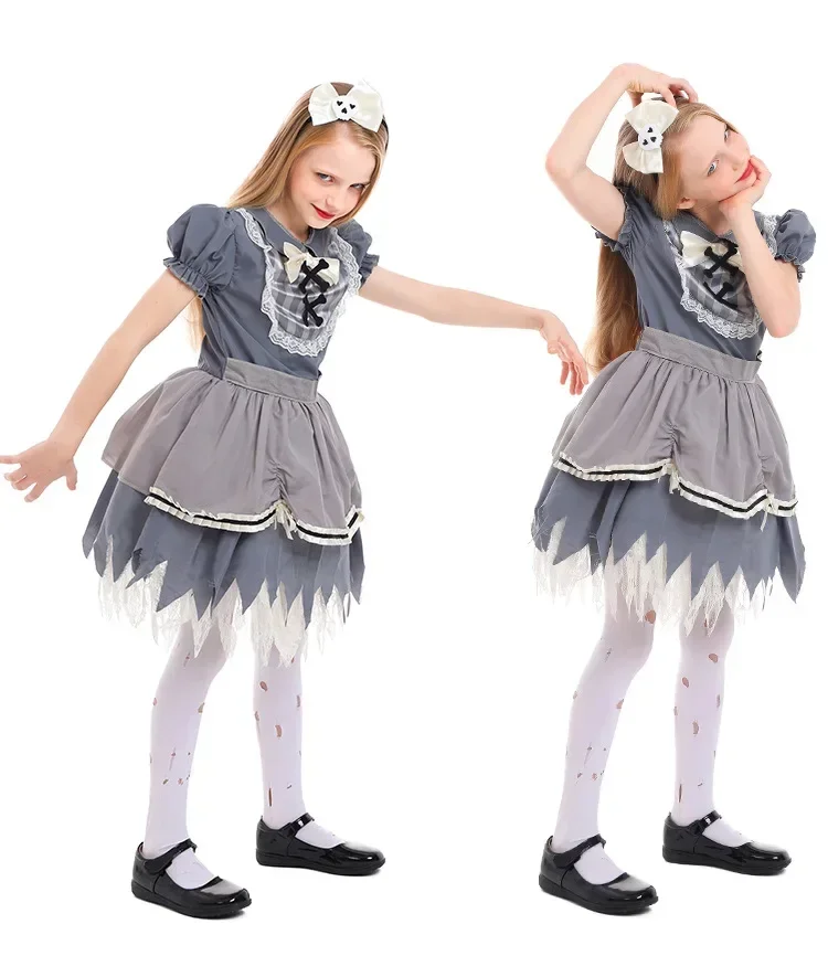 Scary Bloody Kids Ghostly Girl Kostüme Cosplay Halloween Kinder Walking Dead Zombie Karneval Purim Show Partykleid