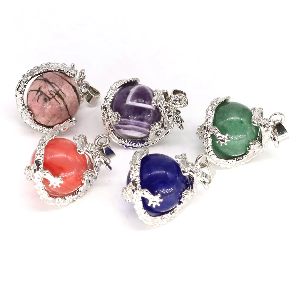 China Dragon Wrapped Natural Stones Pendant Necklace for Healing Reiki Handmade Round Balls Shape Crystal Quartz Beads Women Men