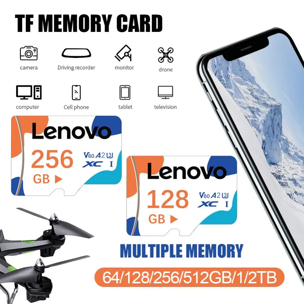 Lenovo-V60 Micro Cartão de Memória, Cartão SD, TF Flash Card, Classe 10, 128GB, 64GB, 1TB, 2TB, A2, 256GB, 512GB, Tablet, Telefone