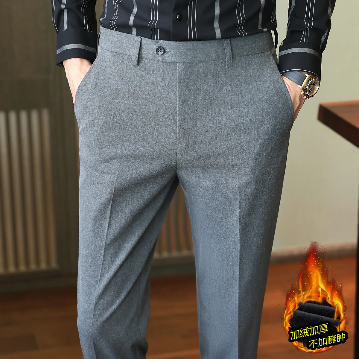 

Winter Warm Thick Men Business Casual Suit Pant High Quality Formal Slim Fit Solid Color Velvet Buttoned Trousers Oversized Size