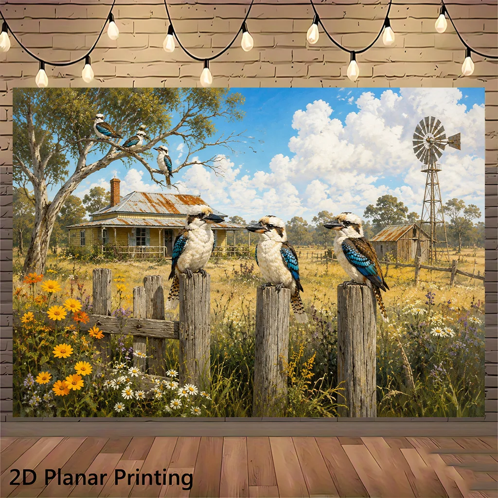 Australian Kookaburra Birds Farmhouse Windmill 2D Flat Tapestry Backdrop For Country Home Decor Wildlife Nature Wall Hanging