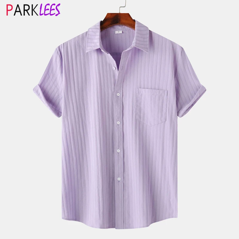 

Mens Lavender Purple Vertical Striped Jacquard Beach Shirts 2024 Summer Short Sleeve Breathable Casual Party Vacation Chemise