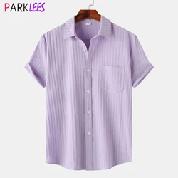 Mens Lavender Purple Vertical Striped Jacquard Beach Shirts 2024 Summer Short Sleeve Breathable Casual Party Vacation Chemise