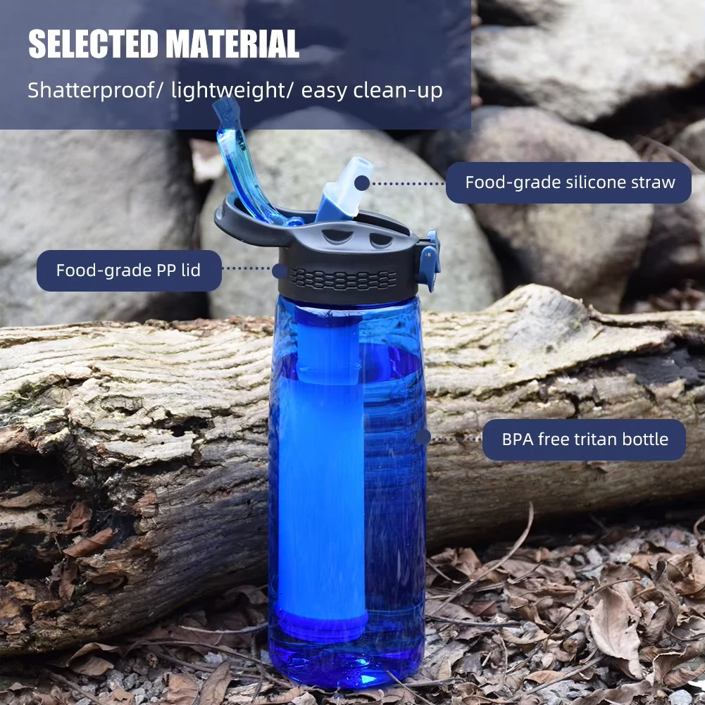 Botol Air dengan Filter Air Tutup Dapat Dikunci BPA Gratis Air Perlengkapan Darurat Olahraga Berkemah Luar Ruangan