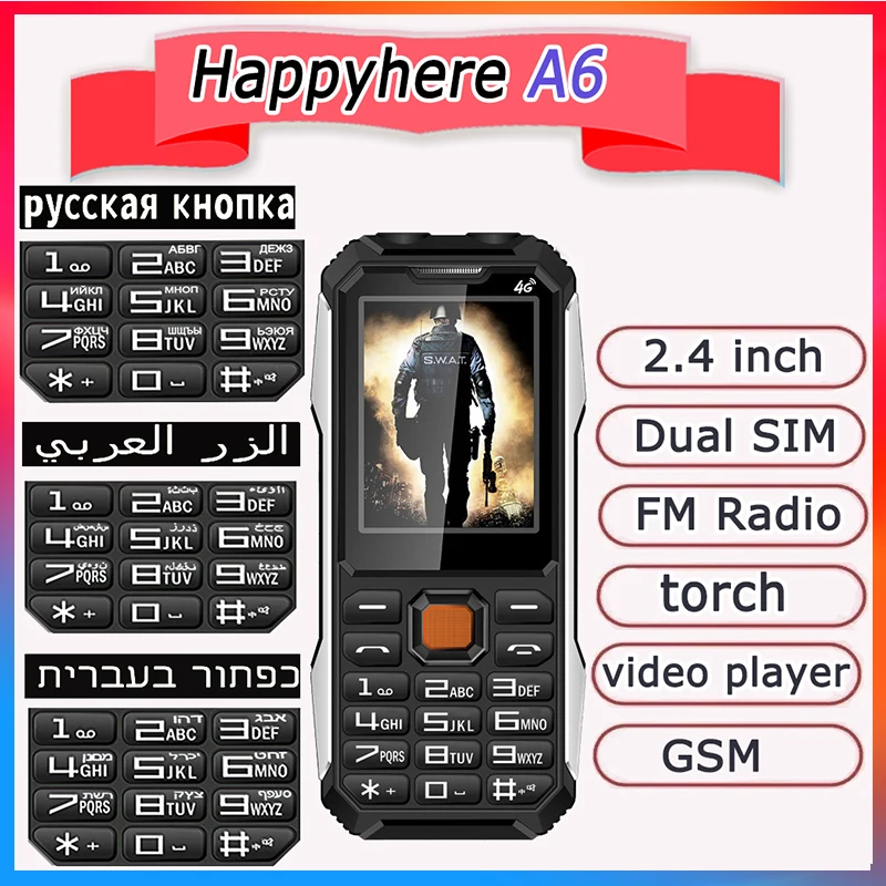 Shockproof Celular Sos Mp3 Video Player Gravador de Câmera Alarme Cheap Telemóveis Portáteis Russo Árabe Teclado Hebraico a6