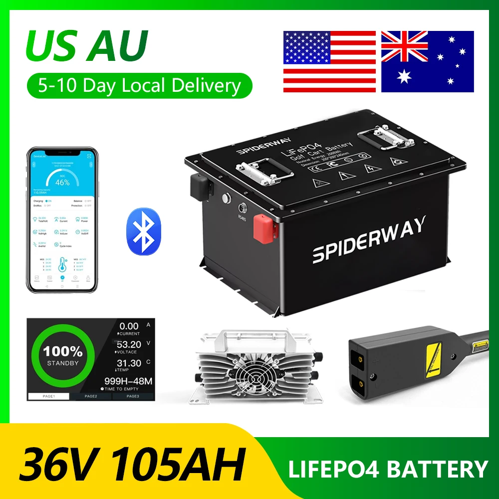

Black 36V 105Ah Golf Cart LiFePO4 Lithium Battery With 36V 25A Fast Charger for EZGO TXT