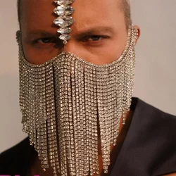 Stonefans Fashion Rave Crystal Rhinestone Handmade Face Black Tassel Mask for Women Face Chain Accessory Jewelry Bellydancing