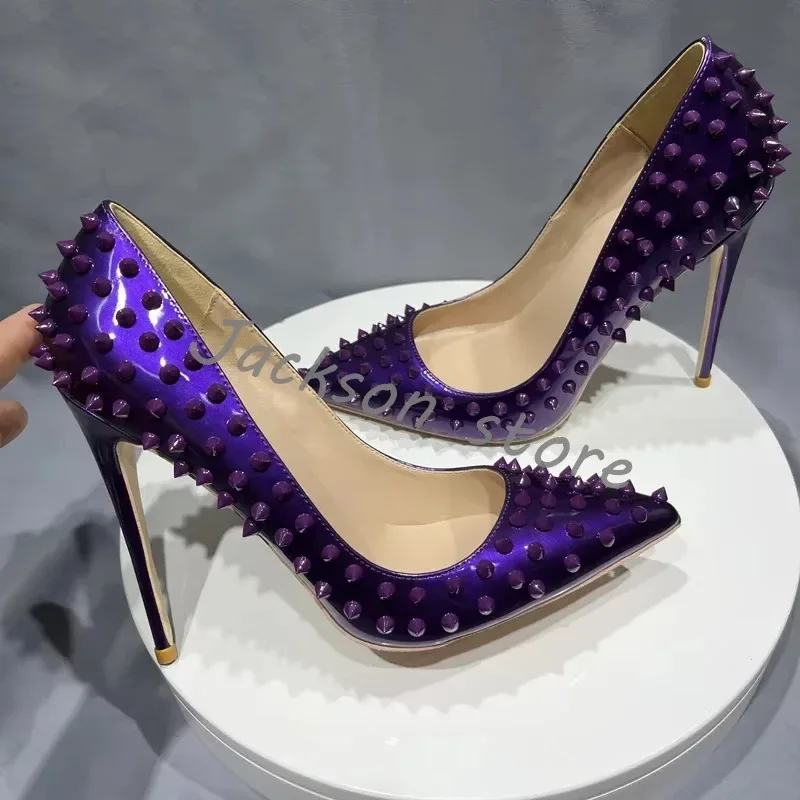 Purple Glossy Pointed Toe Rivets Sexy Women Pumps Party Stiletto High Heel Dress Shoes Slip On Catwalk Female Shoes Custom Color