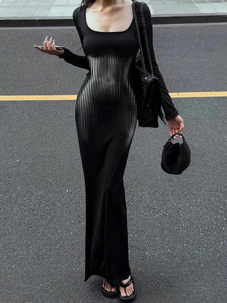 Women Square Collar Long Sleeve Dress High Waist Abstract Sexy Stripe Body Print Dress Casual Wrap Hipster Mermaid Dres