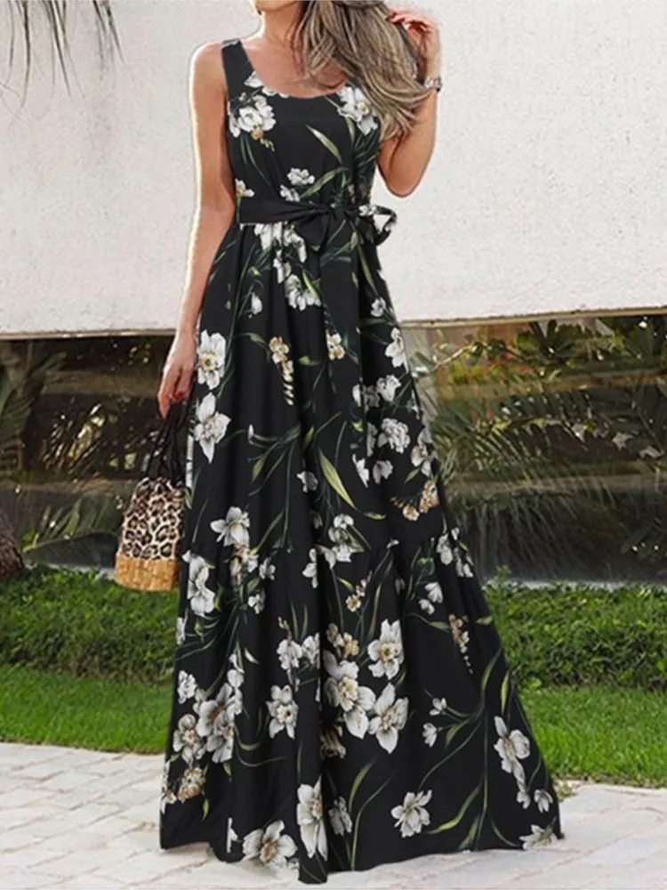 

Sleeveless Camisole Dress Women High Waisted Lace Up Round Neck Pullover Dress New Summer Printed Casual Lace Up Waist Dress