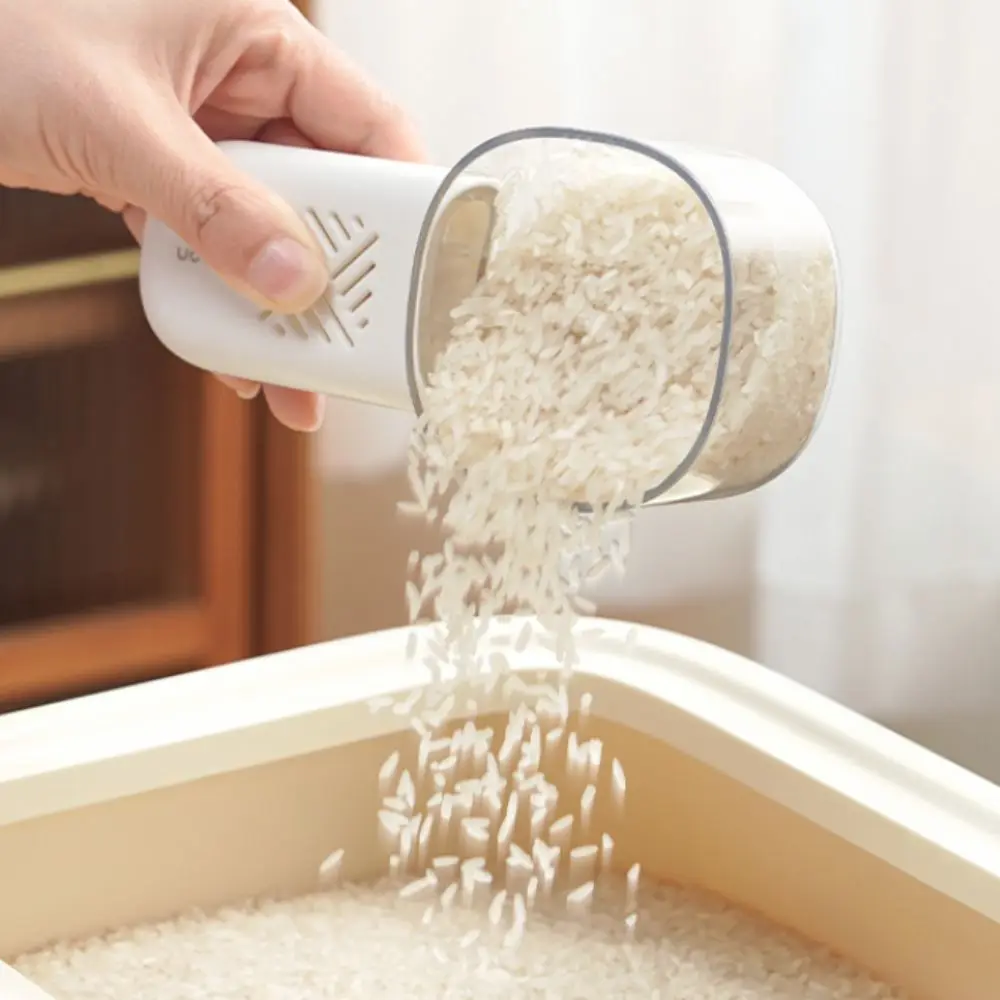 

2Pcs With Scale Measuring Rice Spoon Removable Handle Built-in Storage Cavity Grain Spoon Plastic Transparent Pet Food Scoop