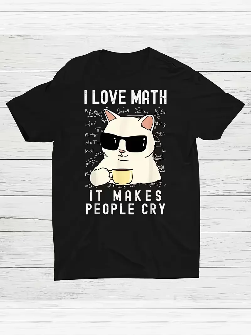 Women'S Graphic Print T-Shirt - I Love Math Funny Cat Design, Short Sleeve Crew Neck Casual Top for Spring & Summer