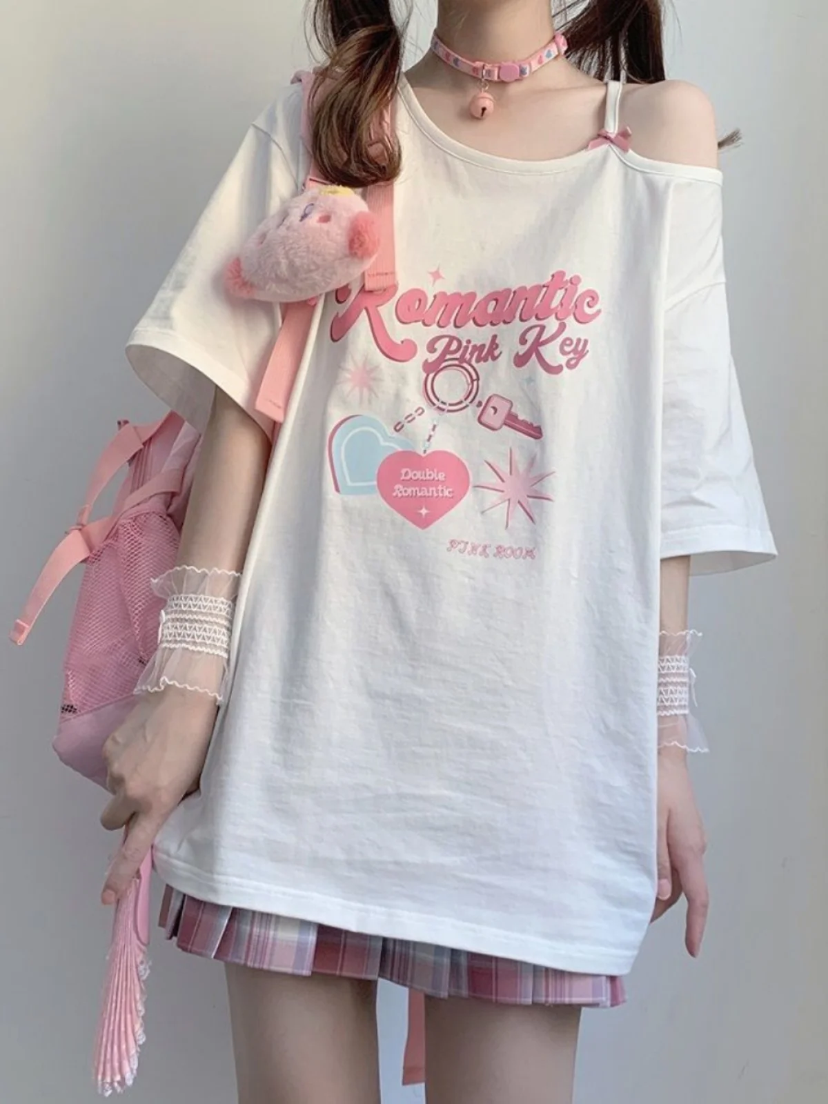 

Shoulder Bared Mid-Length Summer Top for Women with Knot Loose Short Sleeve T-Shirt Soft Girl Student Fashion Sense