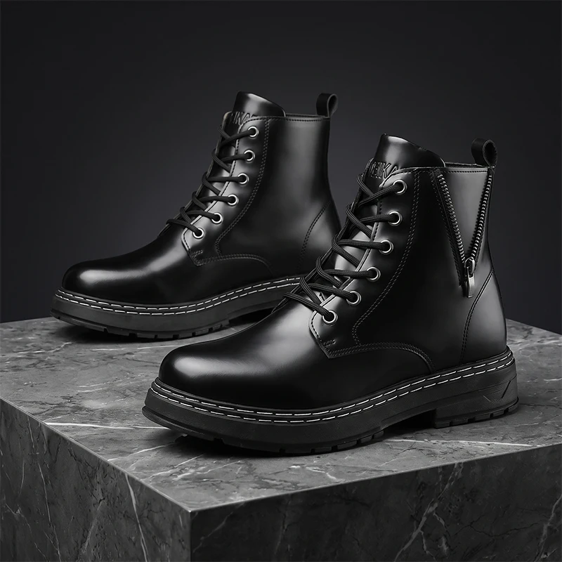 Men's High Top Ankle Boots, Side Zipper Thick Sole Non‑slip Faux Leather Boots, Casual Footwear For Daily Commute Street Walking