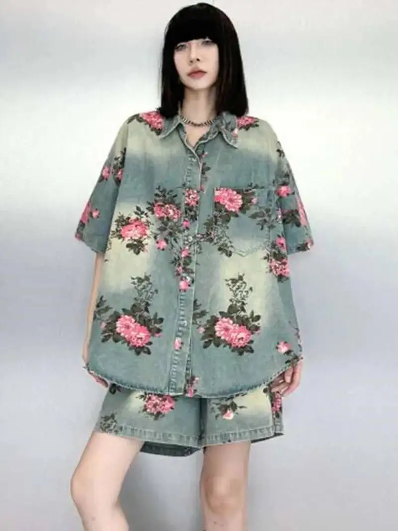 

Fashion T Shirts Blue Denim Shirt Wide Leg Shorts Two Piece Suit New Lapel Short Sleeve Women Fashion casual Spring Summer MB7Q