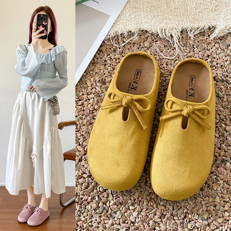 Autumn New Baotou Slippers Women Fashion Round Head Deep Mouth Butterfly Knot Inside High and Low Upper Shoes