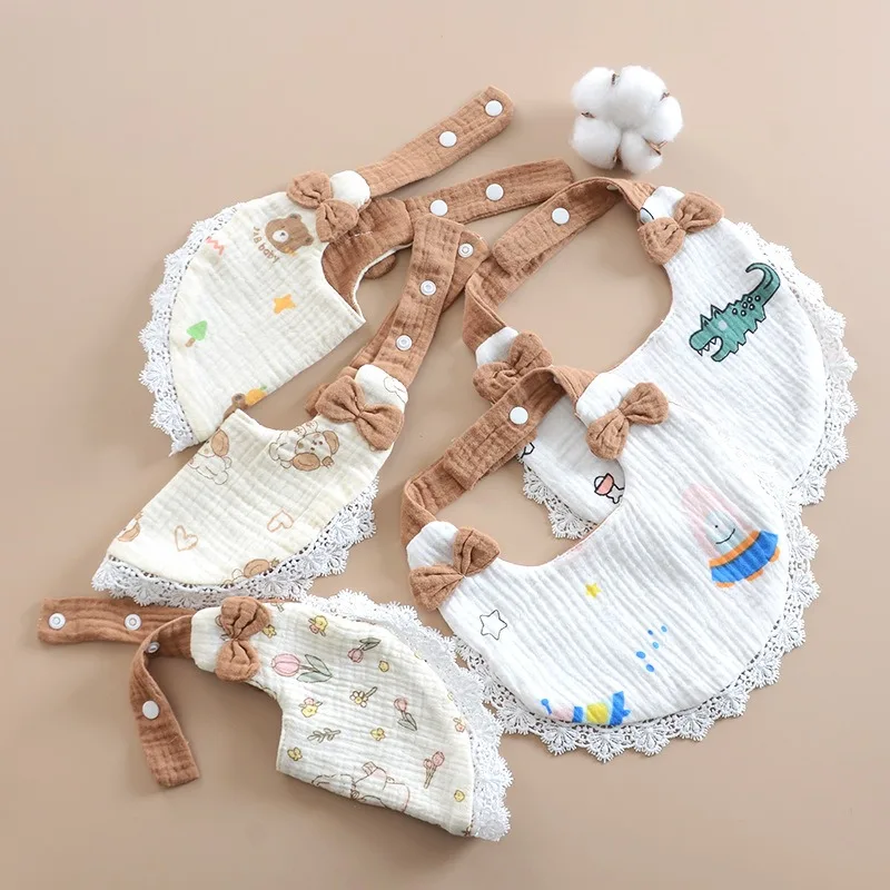Simpatici bavaglini coreani per bambini, bandana in cotone con fiocco in pizzo, per neonate, morbidi e traspiranti, bavaglino sbavante regolabile per I