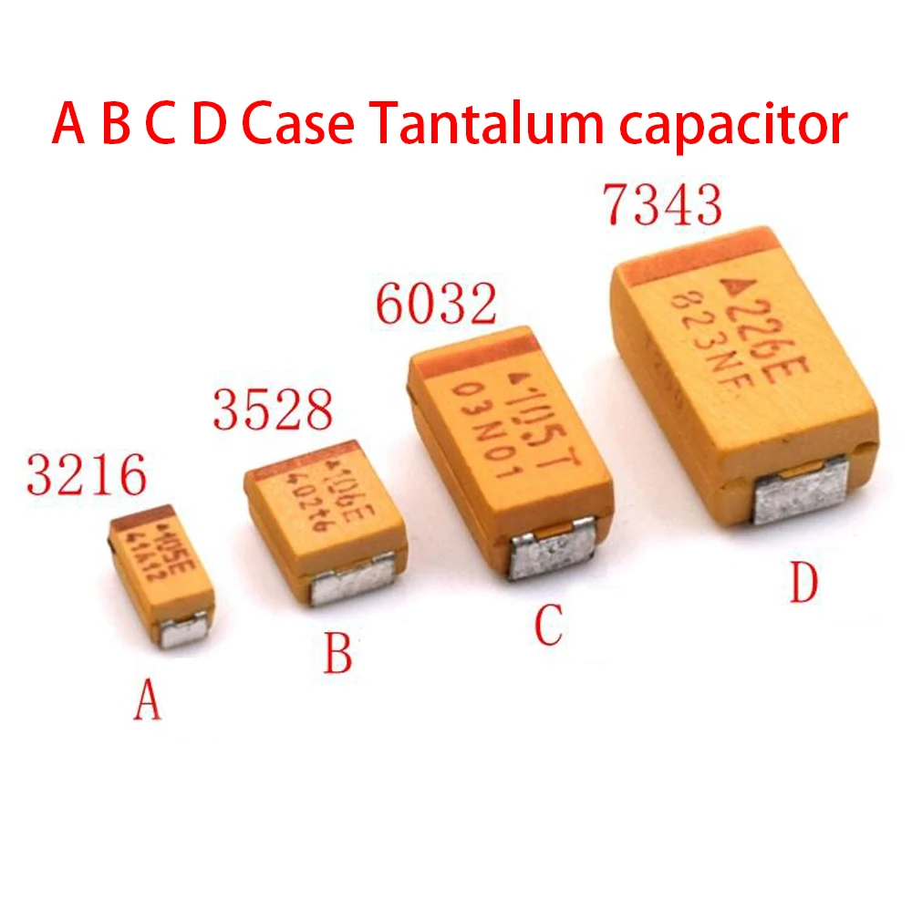 Capacitor de tântalo do caso de A B C D, 6V, 10V, 16V, 25V, 35V, 50V, 0.1UF, 1UF, 2.2UF, 4.7UF, 10UF, 22UF, 33UF, 47UF, 100UF, 220, 10 PCes uf 330uf