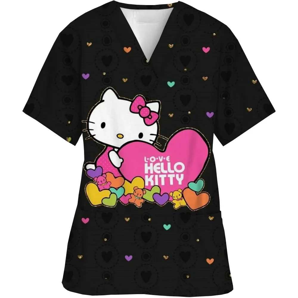 Uniforme da infermiera Donna Manica corta Hello Kitty Uniforme da lavoro Tasca Scrub Top Uniformi mediche con scollo a V infermieristiche Accessori