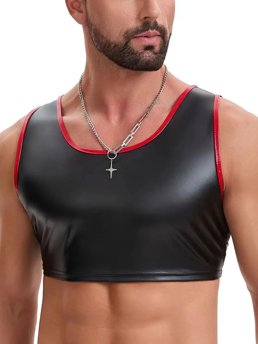 S-7XL Unisex Elastisches PU-Leder Tanktop Ärmelloses Muskelshirt Eng Anliegendes Fitness-Tanktop Bustier Crop Top Bodybuilding-Weste