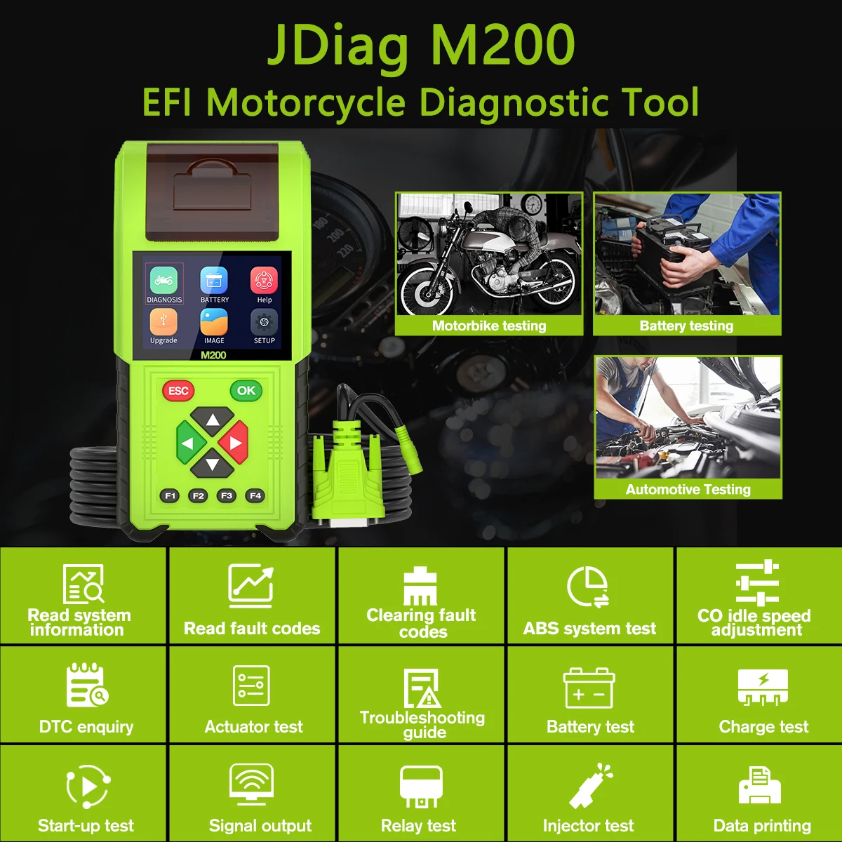 JDiag M200 EFI Motorcycle Diagnostic Handheld Tester OBD2 Code Scanner Battery Cranking Charging Tester for Honda Yamaha Suzuki