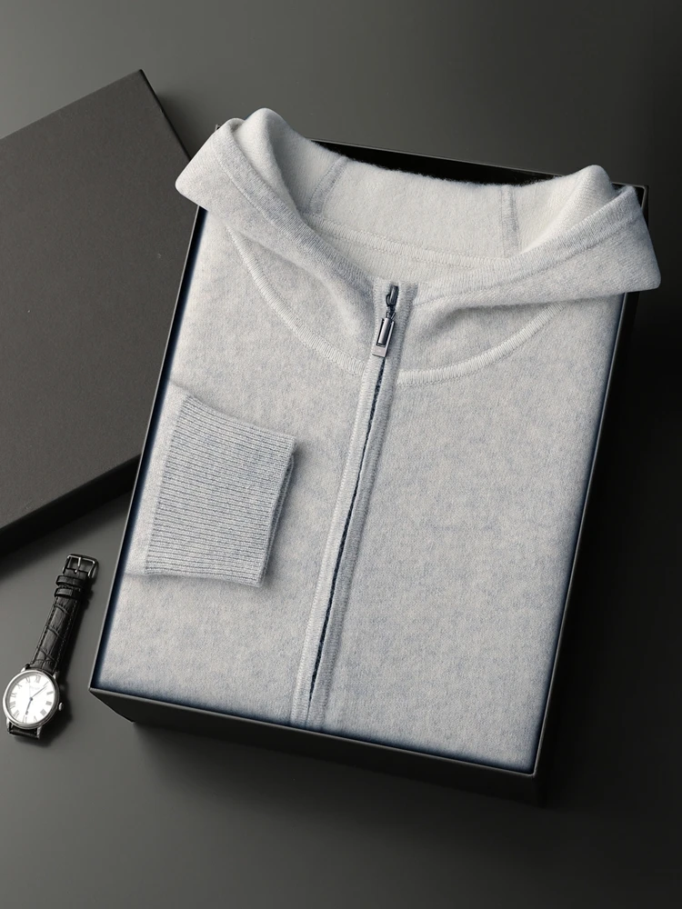 

Thick Air Layer Men's Hooded Cashmere Sweater Cardigan Autumn Winter Casual Zippers Long Sleeve Tops Warm 100% Cashmere Knitwear