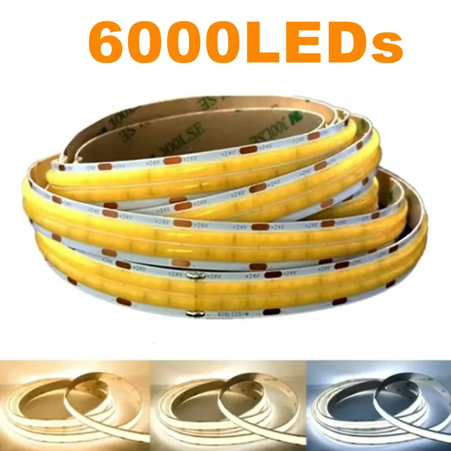 

Double Row Flexible COB LED Strip DC24V 3000K 4000K 6500K 600LEDs/M 2000LM/M Super Bright High Density Strip Dimmable LED Lights