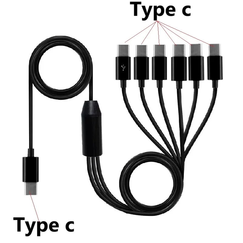 1,5m 6-in-1 Type-C splitterkabel USB-C Type-C naar 6-poorts Type-C USB-C datakabel oplaadkabel voor telefoon tablet pad