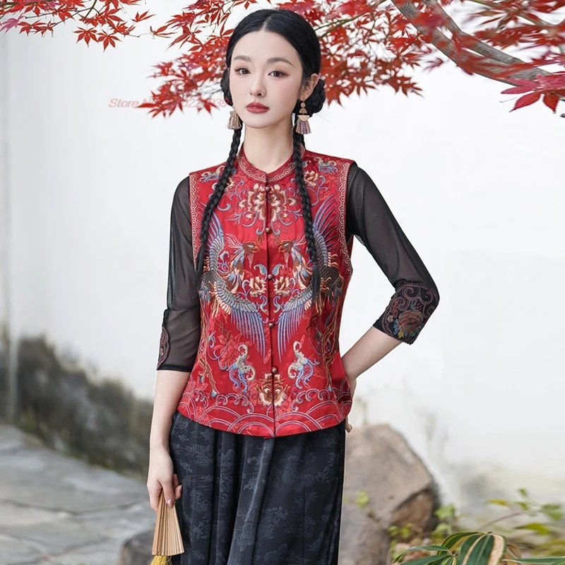 

2025 national flower embroidery satin jacquard vintage vest chinese stand collar folk vest oriental hanfu tops sleeveless jacket