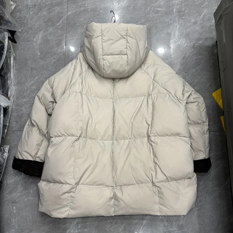 Kurtka puchowa damska Schinteon, biała, z kaczym puchem, jesienno-zimowa, ciepła odzież wierzchnia z kapturem, luźny krój oversize, nowość 2025, realne zdjęcia.