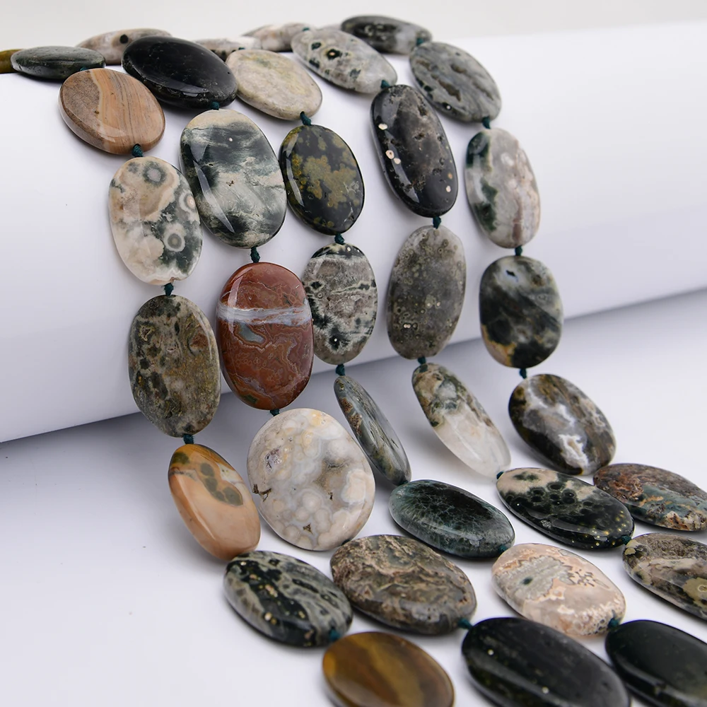APDGG Big 25x32mm Natural Mix Green Ocean Jasper Agate Smooth Oval Slice Loose Pendant Beads 16'' Strand Jewelry DIY