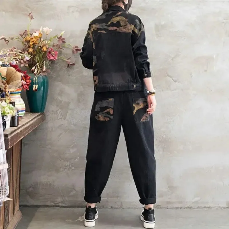 2025 Autumn Denim jacket Suits Plaid Striped Shirt Collar Fashion Set Women's 2022 Spring New Coat casual Jeans Two-Piece Set