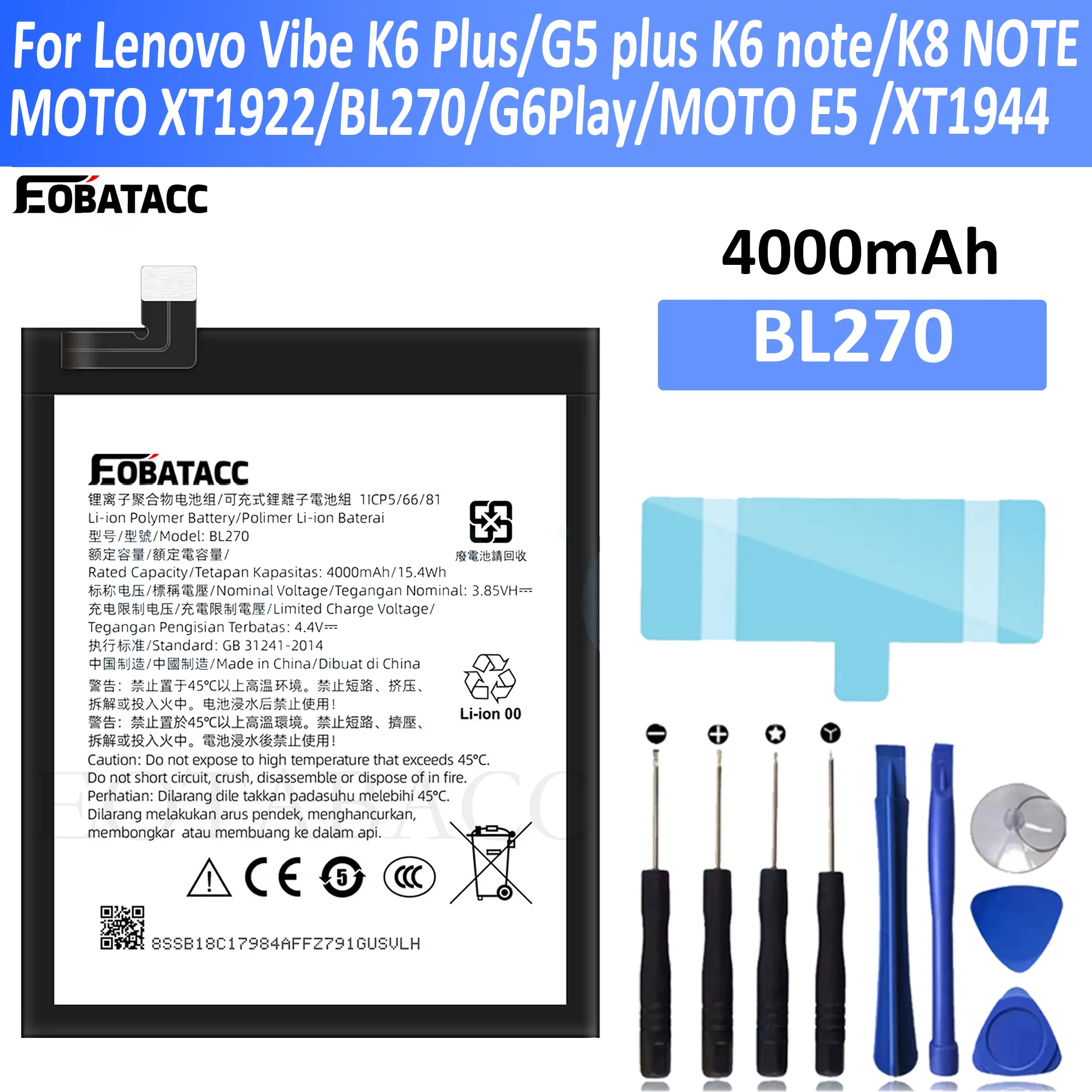 

100% New Original BL270 Battery For lenova K6 K8 Note K53a48 or Motorola Moto G6 Play XT1922 phone Batteries