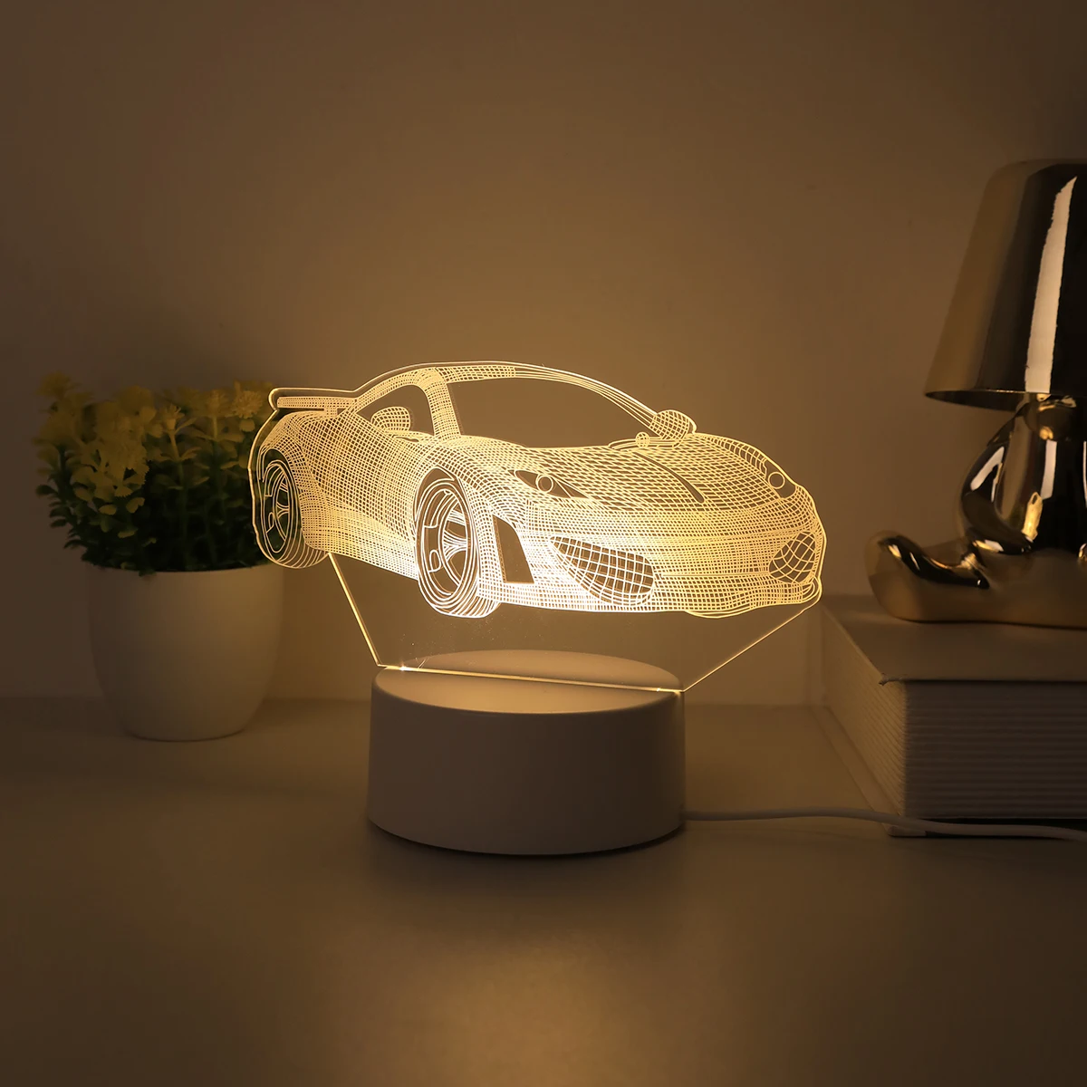 3D monochrome warm light sports car acrylic small night light home decoration night light suitable for bedrooms, study rooms