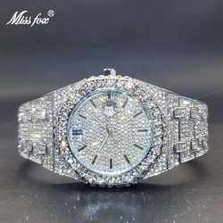 MISSFOX Iced Out Silver Color Diamond Men's Watch Luxury Calendar Waterproof Quartz Watches For Men High Quality Big Hand Clock