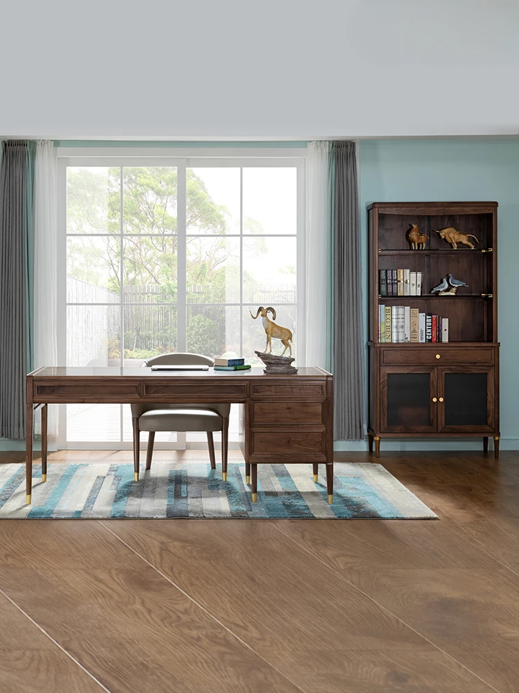 Study furniture: modern light luxury, black walnut, solid wood desk, book chair, bookcase, new Chinese style