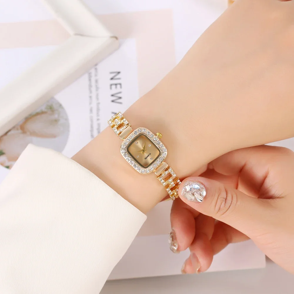 1 piece/set of diamond studded pull-out bracelet watch, freely adjustable, niche gold quartz watch, square watch, women's watch