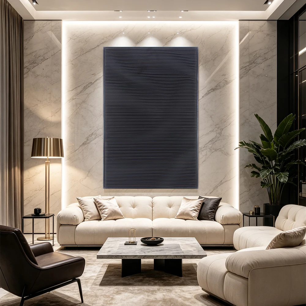 ih-3D Carved Striped Texture Wall Art Aluminum Alloy Frame Minimalist Abstract Line Painting for Living Room Bedroom Home Decor-