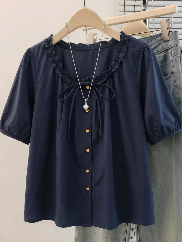 

Dark Blue Short Sleeve Shirt Women's Summer New plus Size Doll Top Age Reduction Korean Style Loose Fit round Neck Commute Style