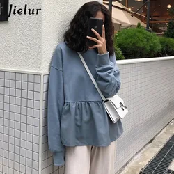 Jielur Women Hoodie Sweatshirts Spring Harajuku Solid Ruffle Long Sleeve Hoodies O Neck Pullovers Casual Loose Thin Sweatshirt