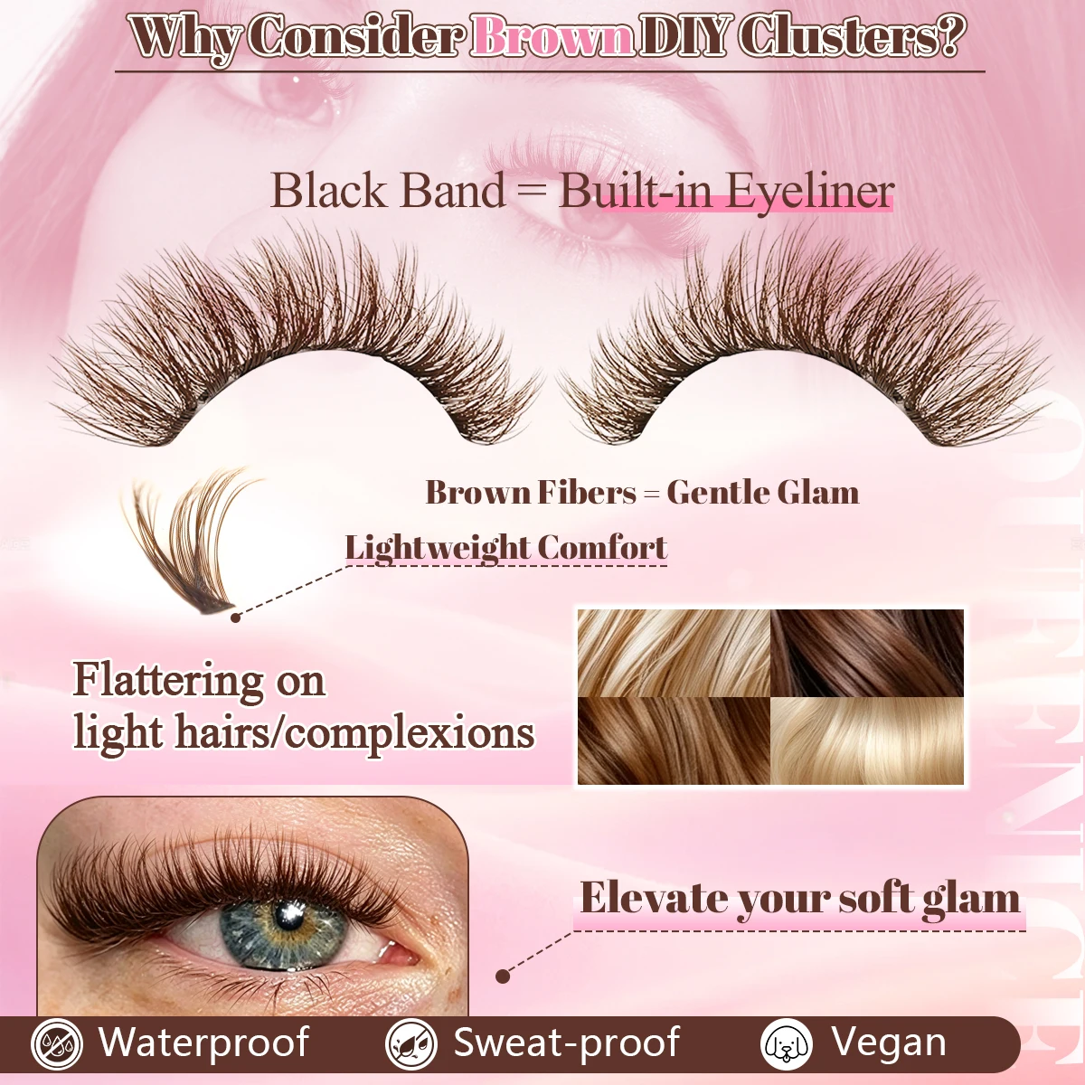 QUEENICE Weiches Braunes Wimpern-Cluster-Set, Gemischte Längen 10-18mm, Natürliches Volumen, Flauschige Manga-Wimpern, Hohe Kapazität, Hochzeitsgeschenk für Damen – Detail 3