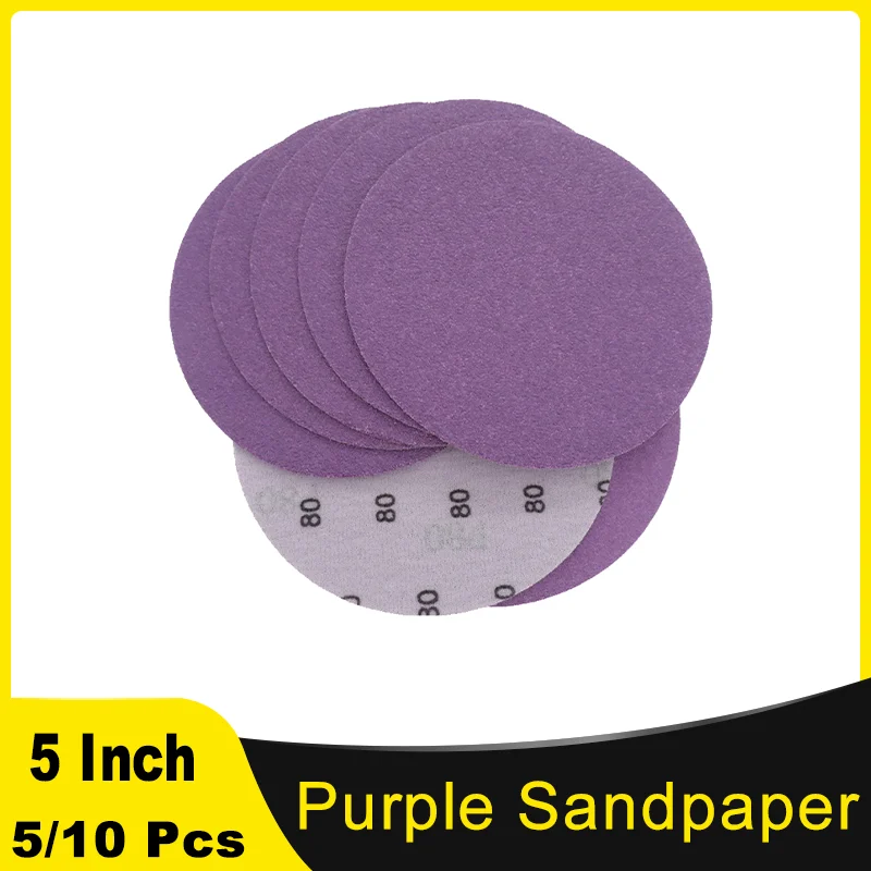 5 Inch Hook and Loop Purple Sanding Paper 5/10Pcs Professional Aluminum Oxide Wet & Dry Polishing for Wood Metal Paint Finishing