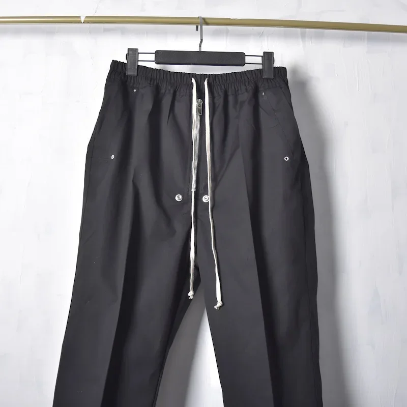 2024 R0 Style Design Cotton Solid Black Base Hard Cotton Elastic Free Straight Casual Zipper Normal Long Pants