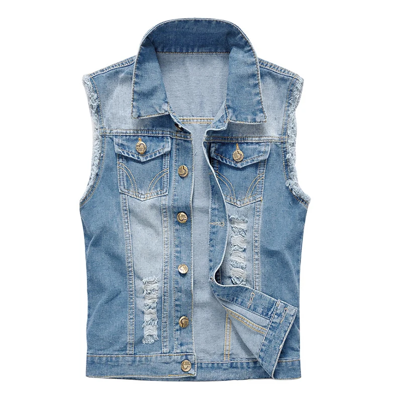 

Raw Edge Men Ripped Denim Vest 2023 Spring Summer Turn Down Collar Sleeveless Jean Jacket Light Blue / Black