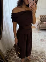 Solid One Shoulder Top Lantern Pants Set Women Chic Cotton Linen T-shirt Wide-leg Pants Suit Elegant Lady Summer Daily Outfits 2