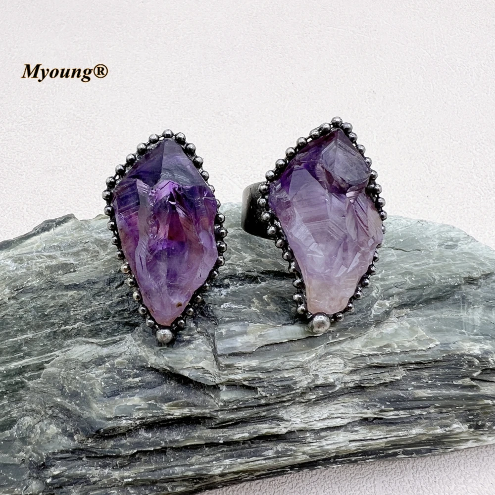 10PCS Large Natural Amethysts Crystal Quartz Adjustable Vintage Ring For Women Goth Witch Wicca Boho Jewelry MY230748