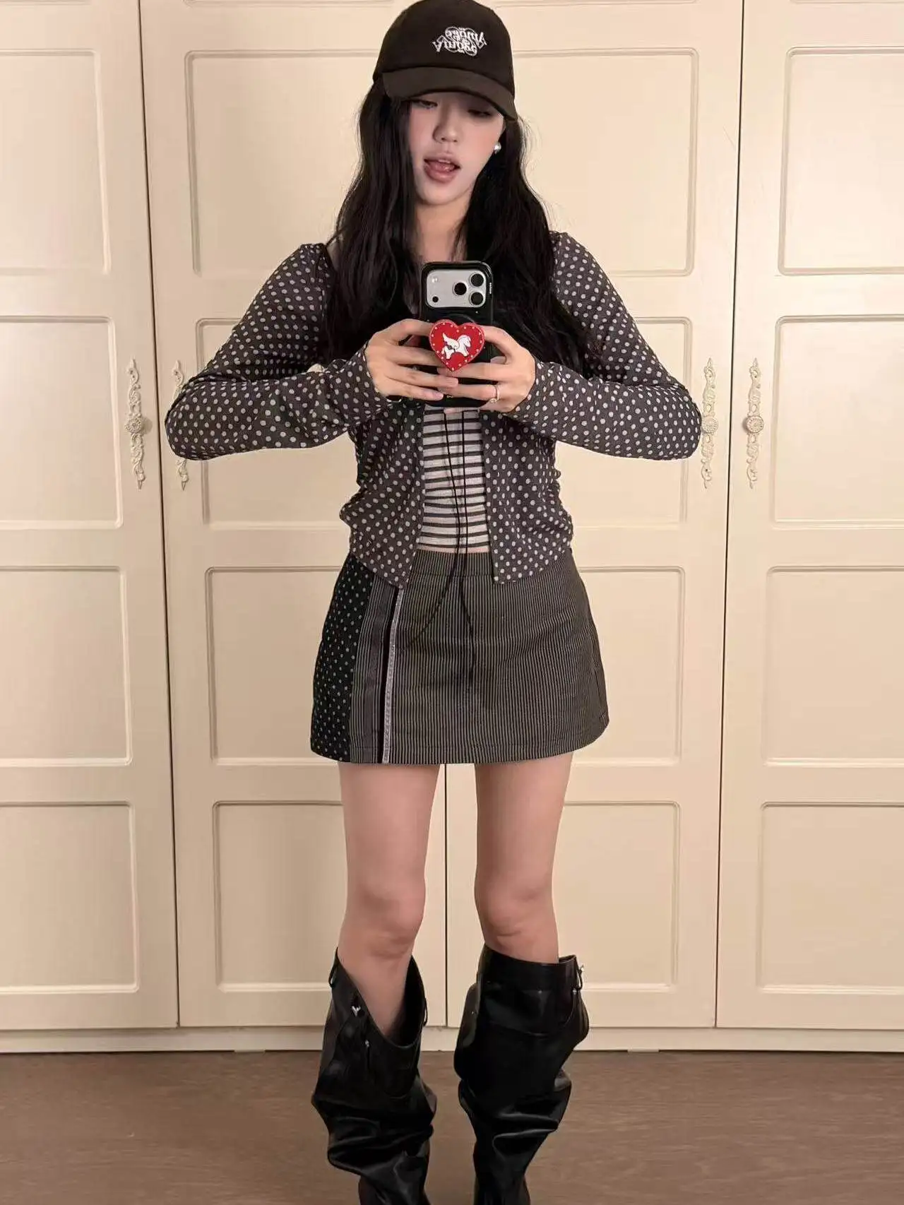 Retro American Polka Dot Stripe Splicing Asymmetrical Slimming Denim  Skirt Women's Summer A-Line Skirt Casual Breathable