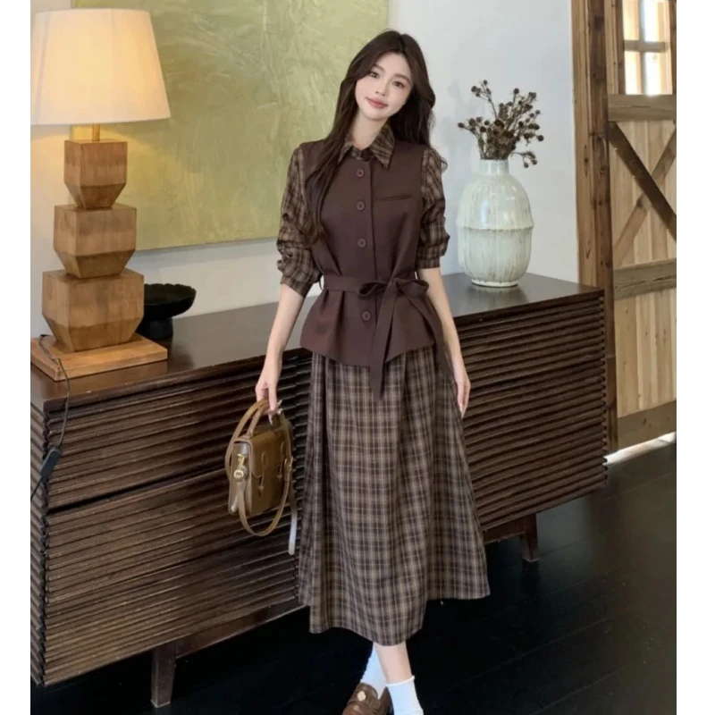 

Women's Spring Autumn Vintage Plaid Long Sleeve Dress Vest Two Piece Suit Lady Korean Graceful Polo Collar Dresses Tank Tops Set