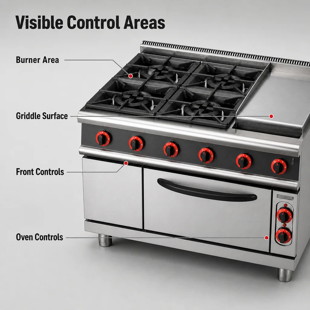 Best Kitchen Solutions Kitchen Equipment 4 Burners Stoves With Bakery Oven Stainless Steel Gas Stove With Griddle