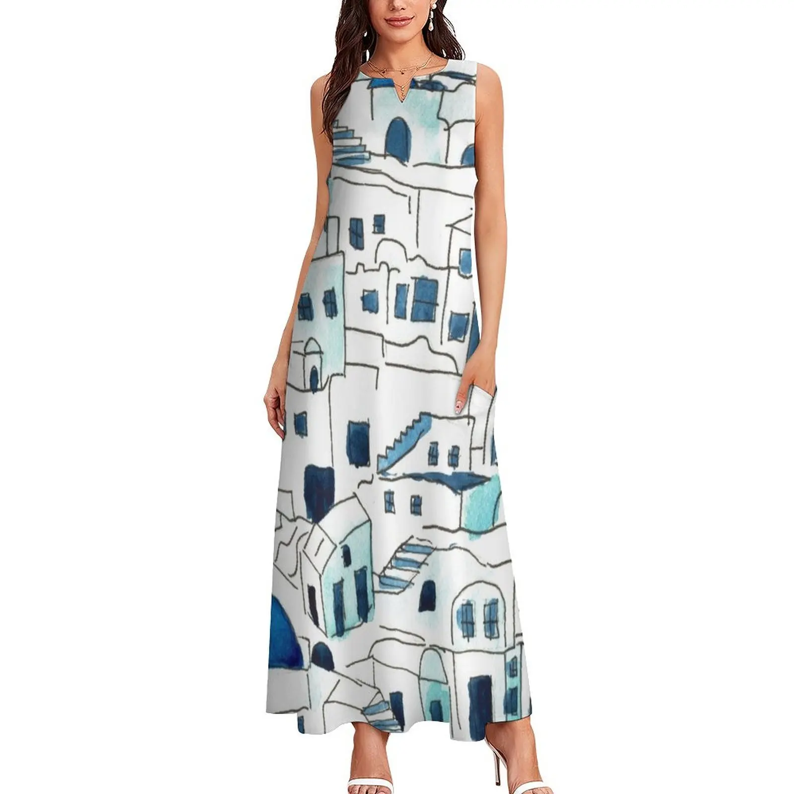 Santorini Watercolor Painting Long Dress dresses for official occasions elegant women's sets fairy dress dress dresses